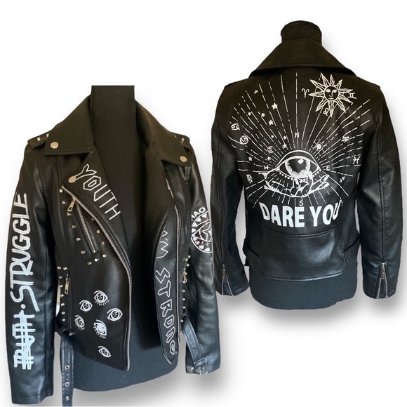 Jackets & Blazers - DARE YOU Faux Leather Cropped Moto Jacket Silver Hardware Black, Sm…Goth…